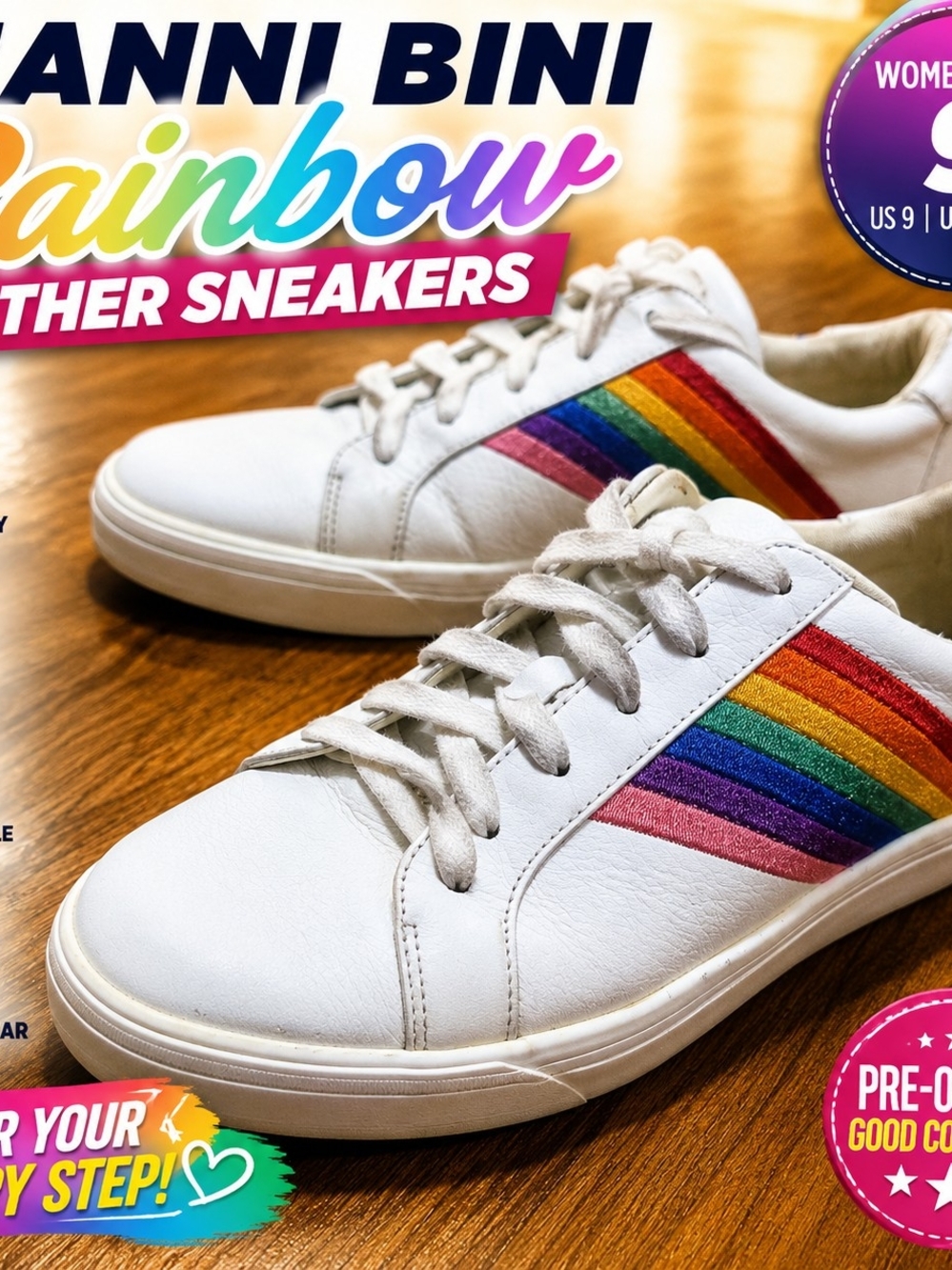 Gianni Bini Women's White Rainbow Stripe Leather Sneakers Lace Up Casual Shoes 9